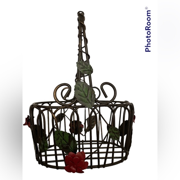Artistic Metal Work Basket With Rose Appliqué 6” x 4.5” x 10” High MCM Vintage - Picture 5 of 5